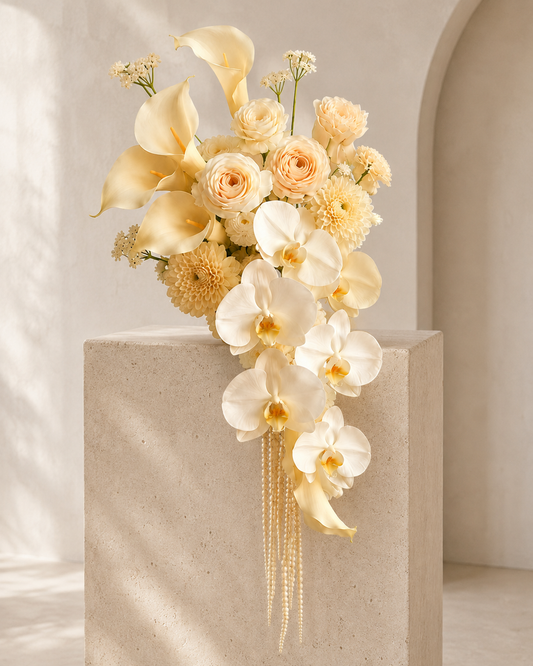 Luxury White Orchid Cascade bridal bouquet in ivory, champagne, and blush tones with calla lily, garden rose, dahlia, and phalaenopsis orchid