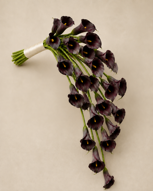 Noir Calla black calla lily bridal bouquet, standalone product shot on neutral background