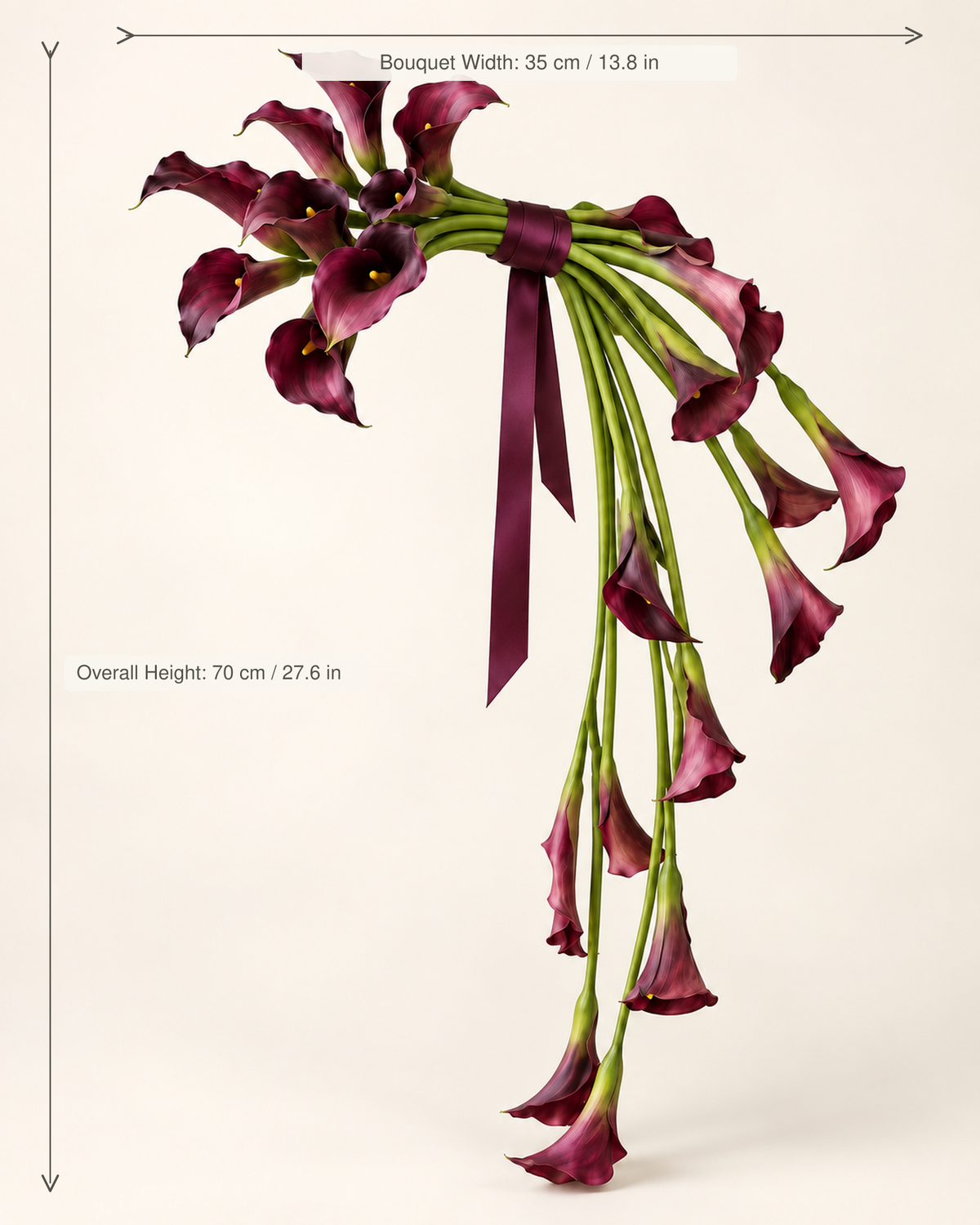 Sculptural Plum calla lily cascade bridal bouquet dimension guide showing overall height 70 cm (27.6 in) and width 35 cm (13.8 in).