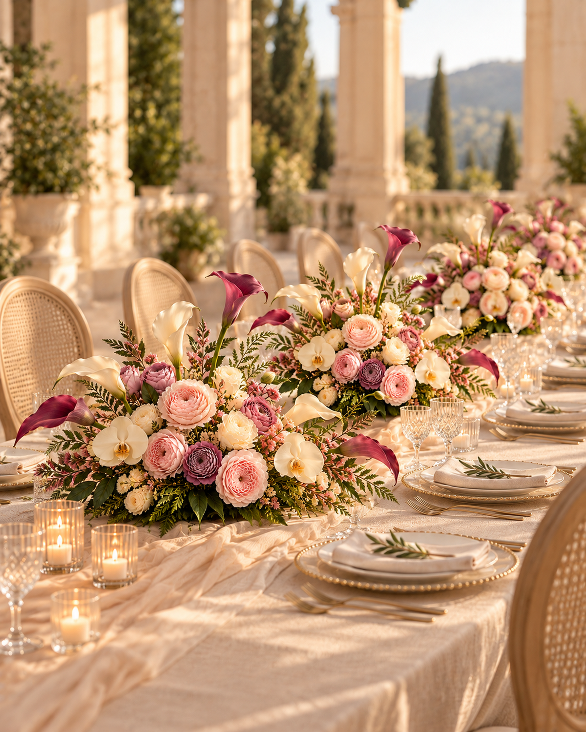 Several Blush Merlot table centerpieces along a long wedding table on a terrace; the multiple pieces, table, chairs, candles and tableware are shown for display and styling only and are not included.
