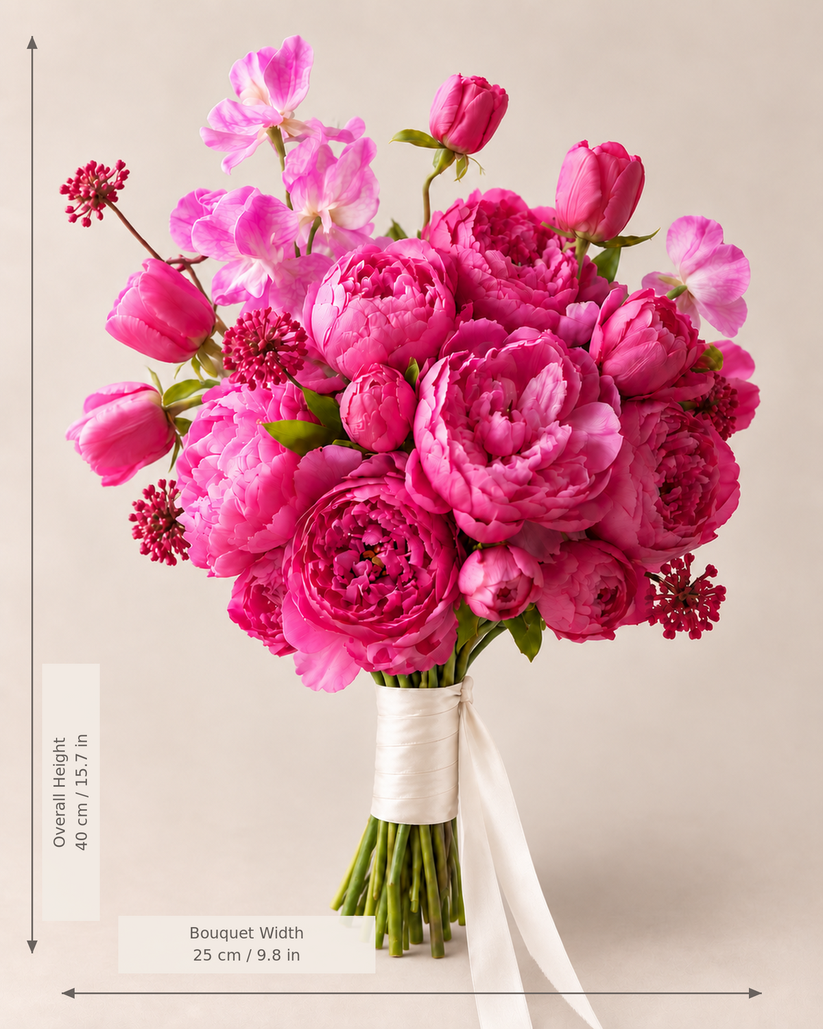 Fuchsia Bloom Posy bridal bouquet dimension guide showing overall height 40 cm (15.7 in) and width 25 cm (9.8 in)