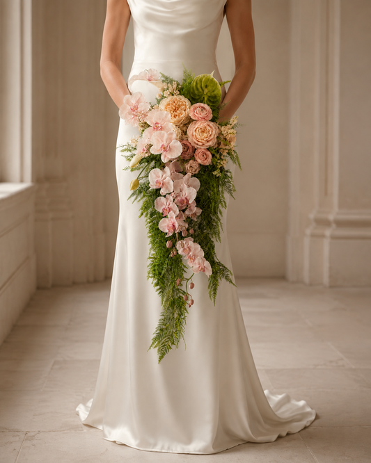 Garden Rose & Orchid Cascade blush bridal bouquet, close crop on bride's gown and bouquet