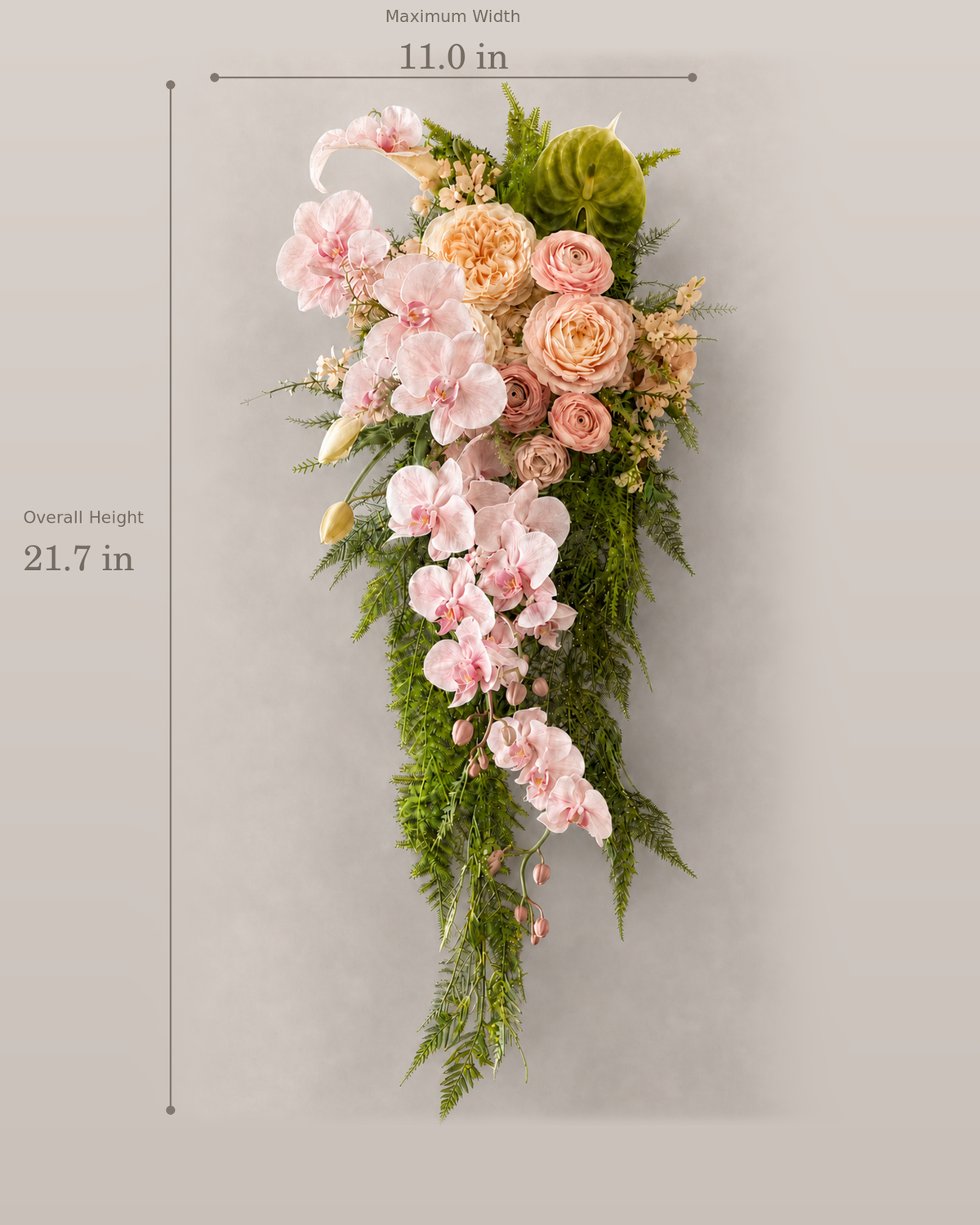 Garden Rose & Orchid Cascade bouquet size guide, approximately 11.0in width and 21.7in length