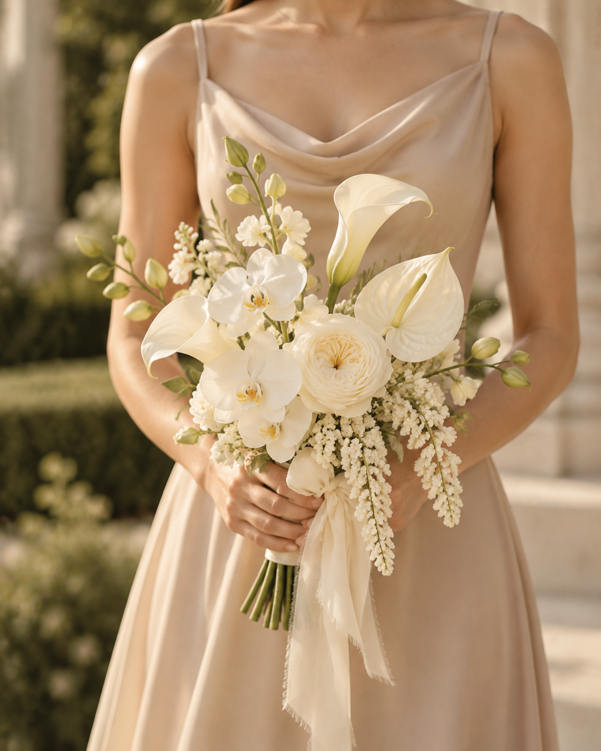 Bridesmaid in a champagne dress holding an Ivory Orchid bridesmaid bouquet with ivory ribbon