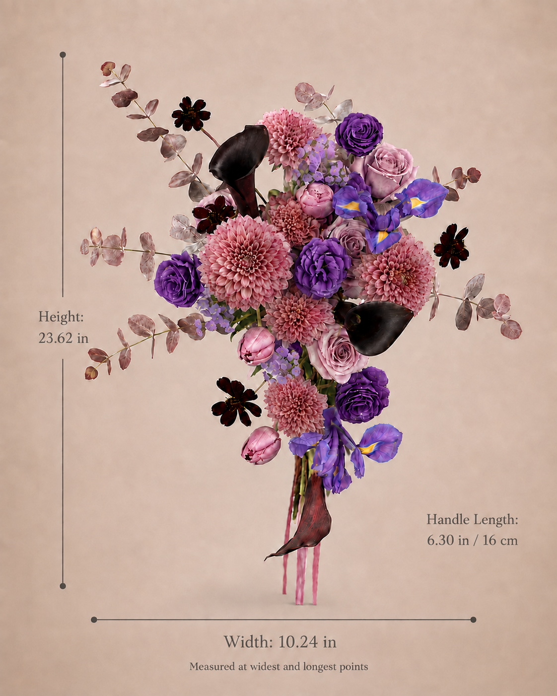 Twilight Dahlia Cascade bouquet size guide showing 23.62-inch overall height, 10.24-inch maximum width and 6.30-inch handle length