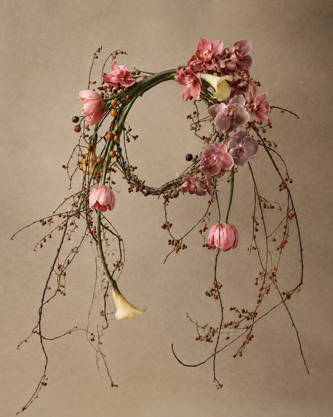 Full product view of the Autumn Halo bridal wreath bouquet against a plain background, showing the branch wreath frame with orchids, tulips, calla lily and dried berries.