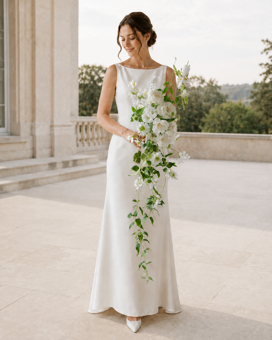 Bride walking outdoors holding the Verdant Trail white and green trailing bridal bouquet