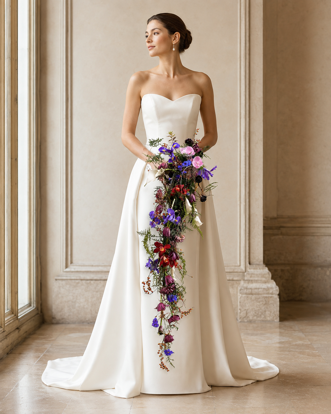 Bride holding Botanical Couture iris and orchid cascade bridal bouquet, alternate gown and angle