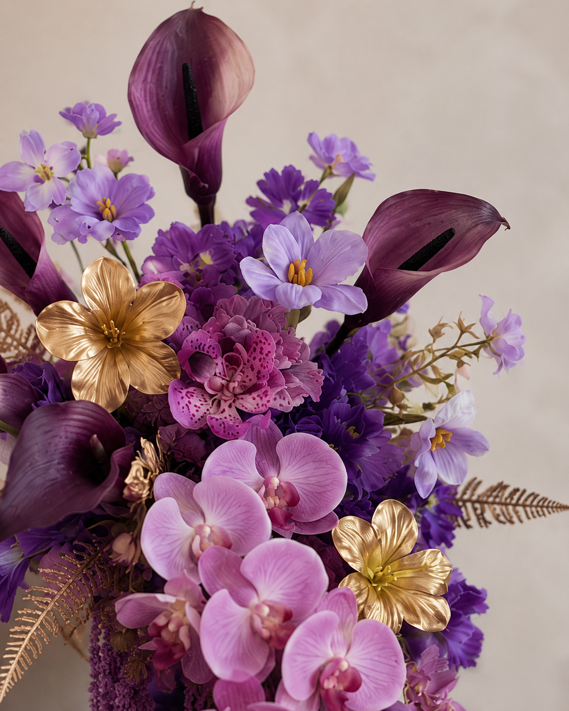 Close-up detail of the Gilded Amethyst bouquet showing plum calla lily, gold accent flowers, and phalaenopsis orchid