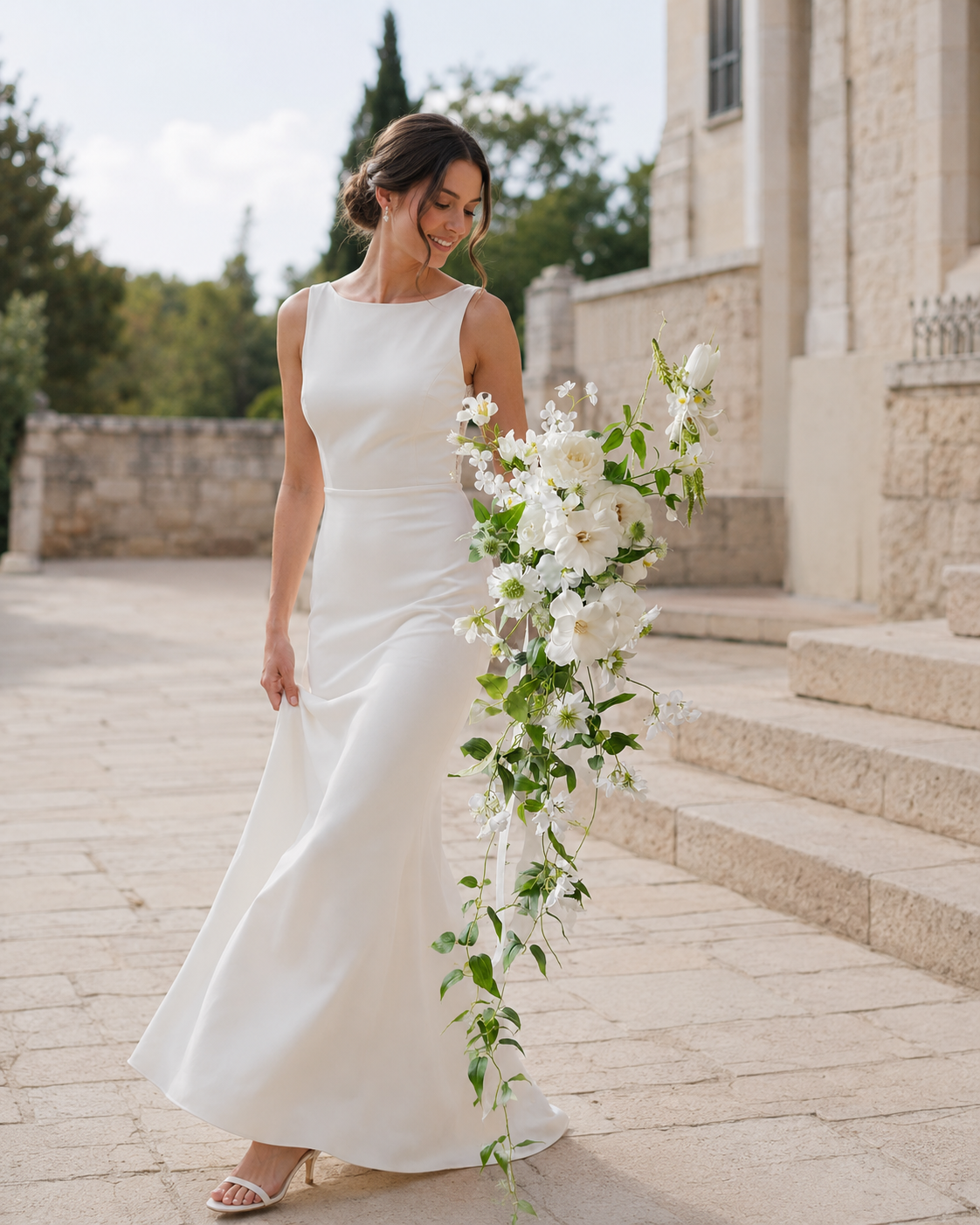 Bride holding the Verdant Trail bridal bouquet, full-length view on outdoor stone steps