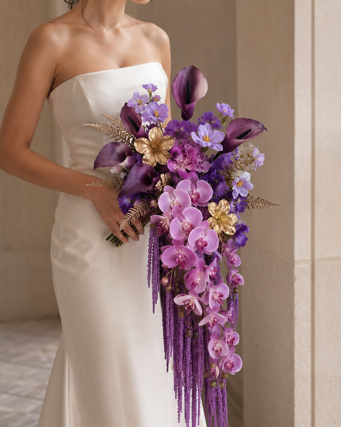 Bride walking outdoors holding the Gilded Amethyst plum and gold trailing bridal bouquet
