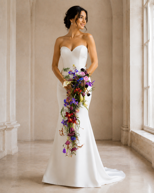 Bride holding Botanical Couture iris and orchid cascade bridal bouquet, sweetheart neckline gown, studio hero shot