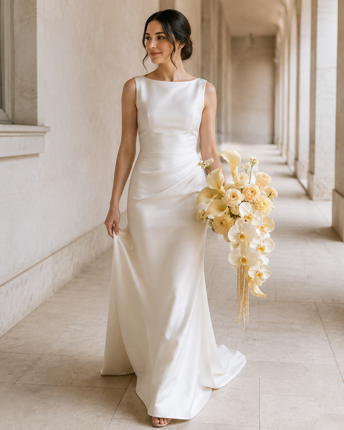 Luxury White Orchid Cascade bridal bouquet in ivory, champagne, and blush tones with calla lily, garden rose, dahlia, and phalaenopsis orchid