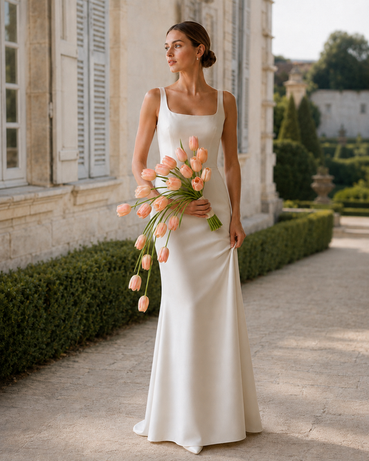 Tulip Cascade trailing peach tulip bridal bouquet, bride holding bouquet full-body outdoor shot
