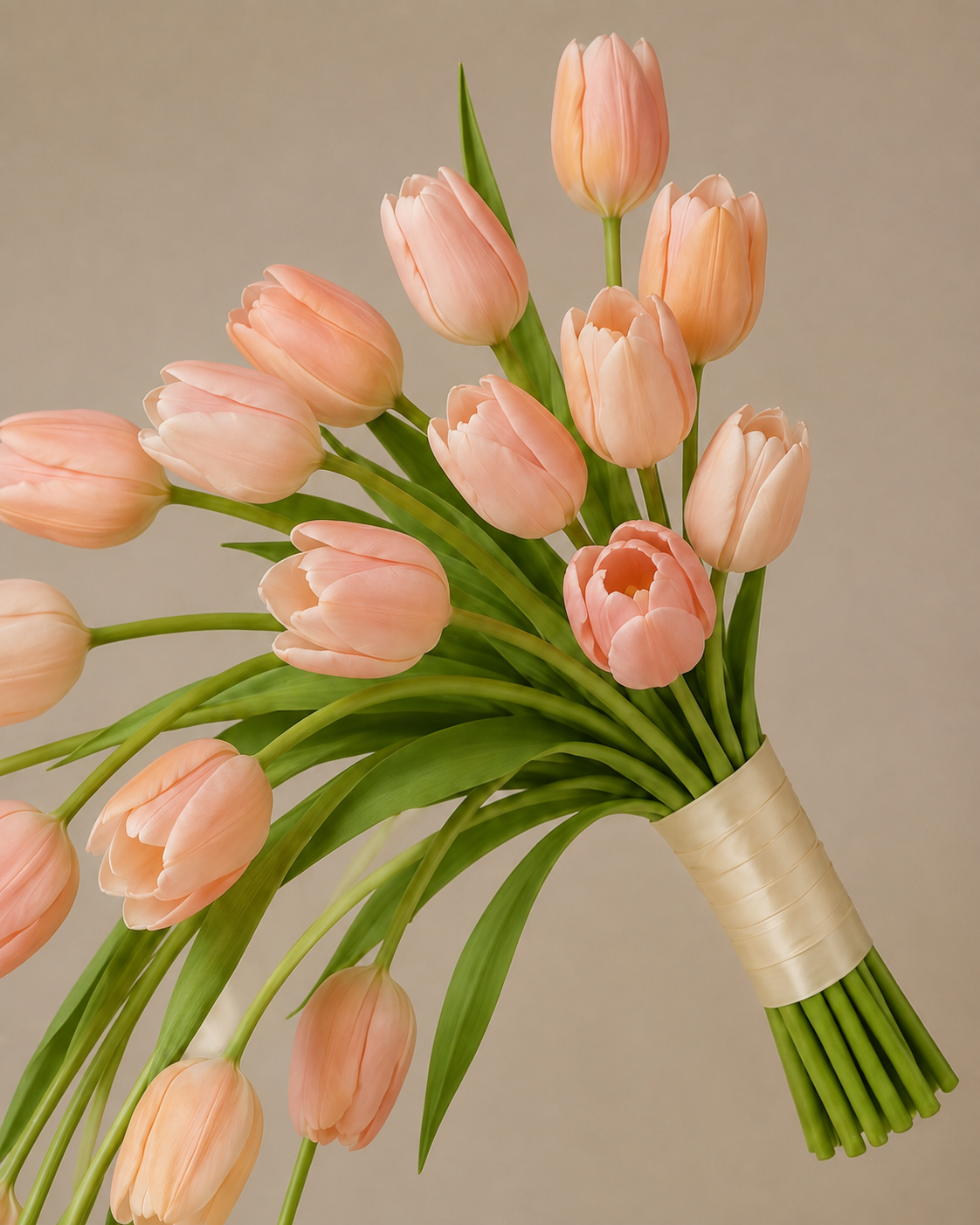 Tulip Cascade trailing peach tulip bridal bouquet, front-facing product shot on neutral background