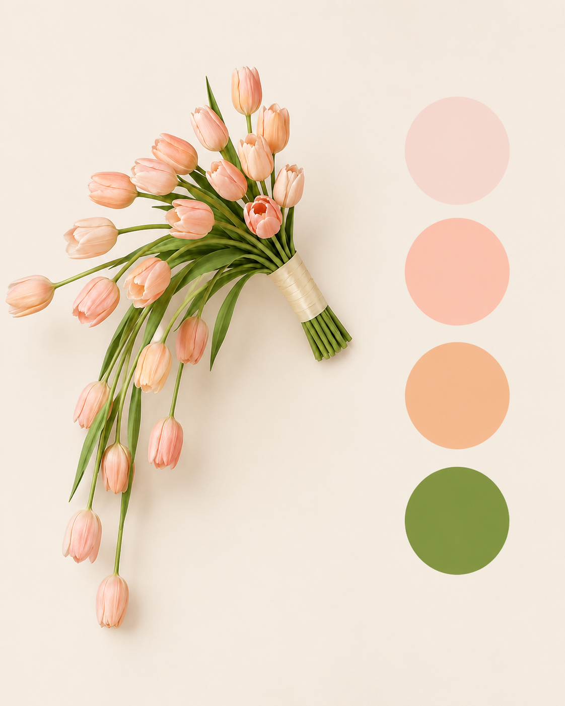 Tulip Cascade bridal bouquet flat lay with peach and green color palette swatches