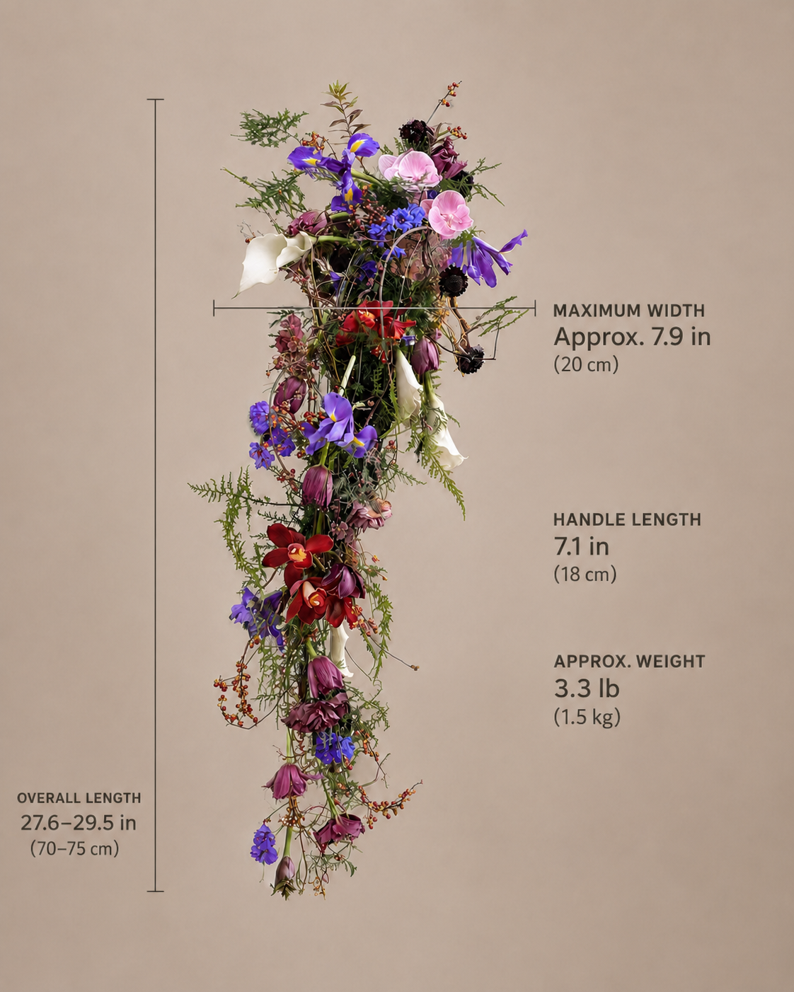 Botanical Couture bouquet size guide: 27.6-29.5in length, 7.9in width, 7.1in handle, 3.3lb weight
