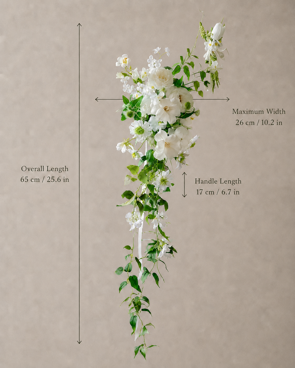 Verdant Trail bridal bouquet size and proportion guide, overall length 65 cm, handle length 17 cm