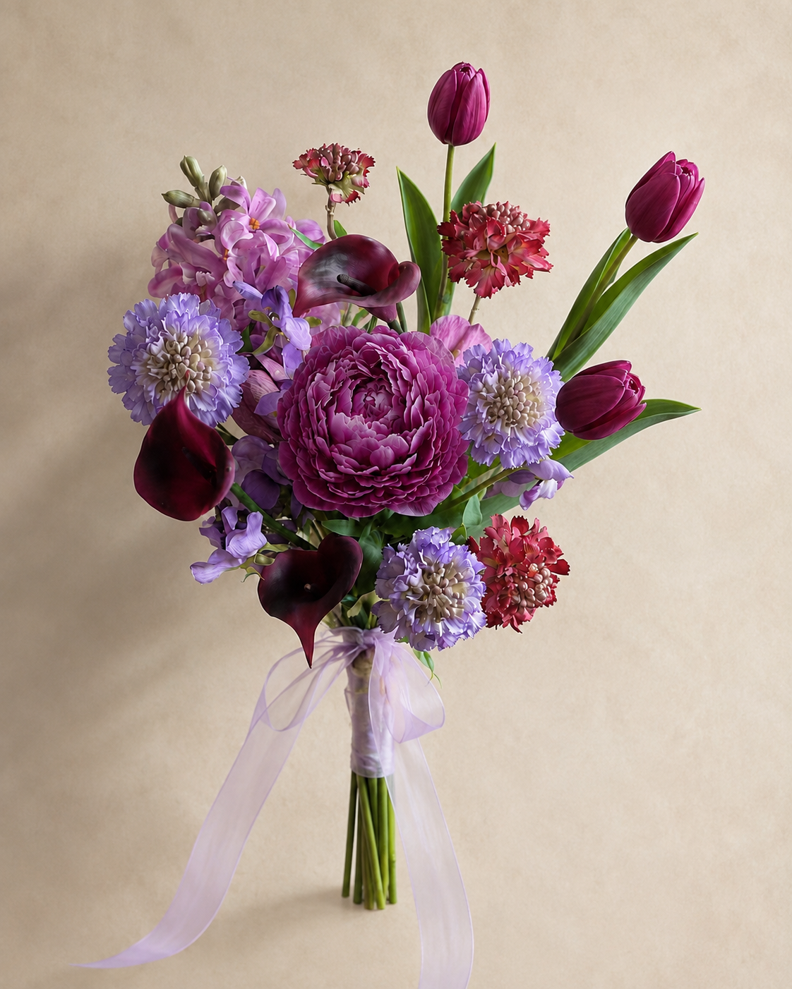 Jewel Peony Posy bridal bouquet product-only shot on plain beige background, structural view of the round posy floral composition