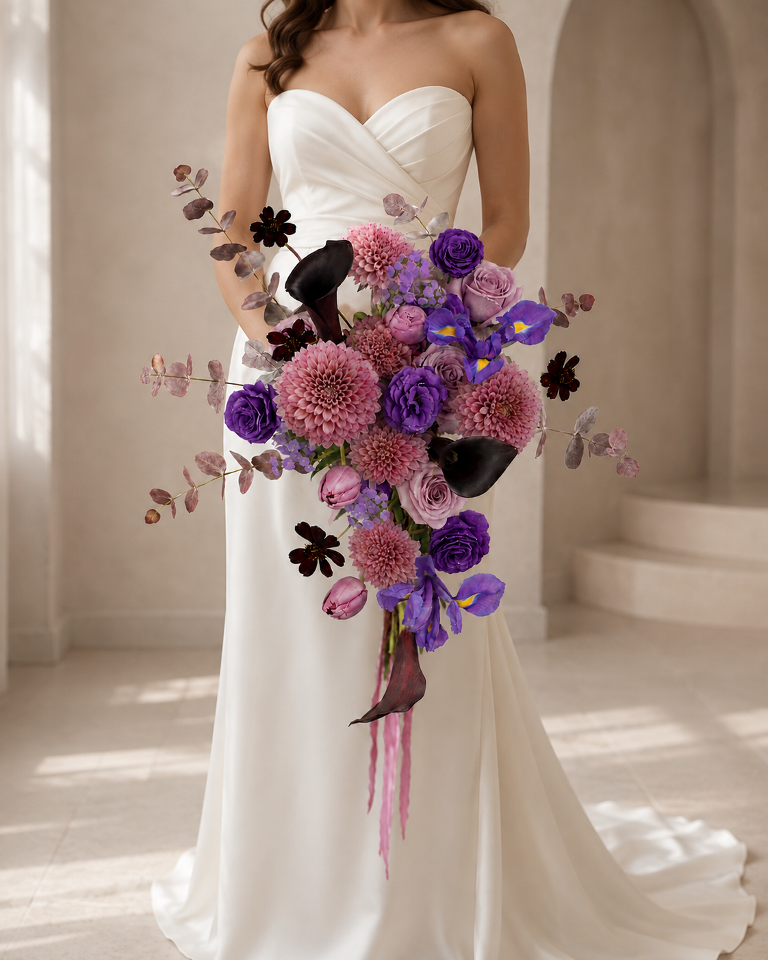 Bride holding a long dusty pink and violet cascading bridal bouquet against an ivory wedding gown, showing its full scale and sculptural silhouette