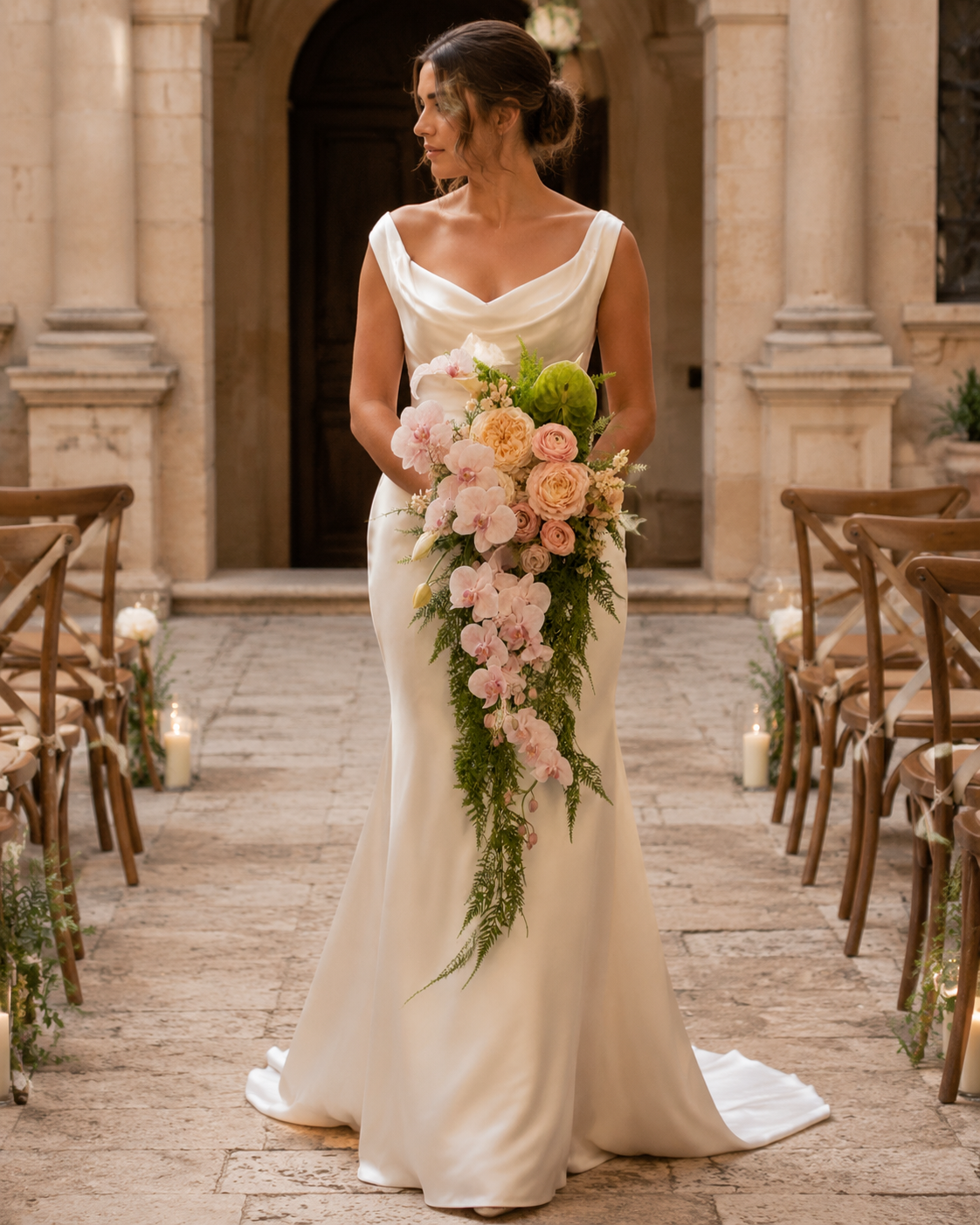Bride holding Garden Rose & Orchid Cascade blush bridal bouquet, full-body candlelit ceremony aisle shot