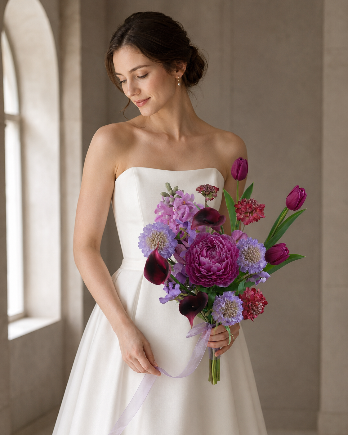 Jewel Peony Posy bridal bouquet product-only shot on plain beige background, full composition showing burgundy calla lily, magenta peony/ranunculus, purple scabiosa and lavender ribbon