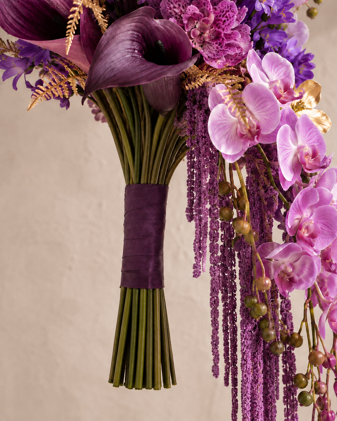 Close-up of the Gilded Amethyst bouquet handle wrapped in purple ribbon, hand-finished craftsmanship