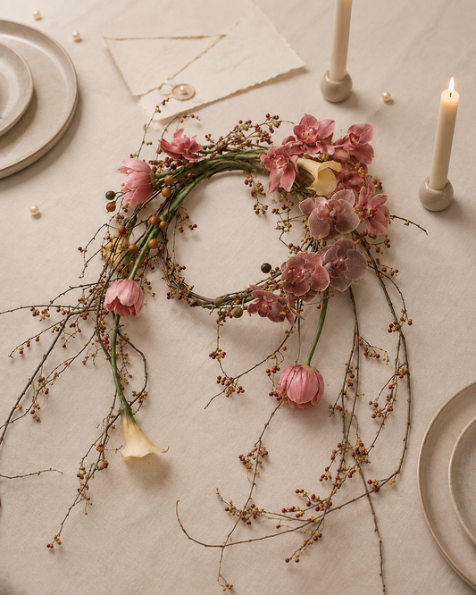 Autumn Halo bridal wreath bouquet styled flat on a table with candles, dusty rose and mauve orchids, pink tulips, a calla lily and dried berry branches.