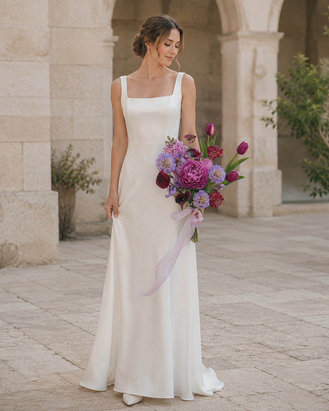 Bride in a square-neckline wedding dress holding the Jewel Peony Posy bouquet, full-length editorial shot against a stone cloister archway