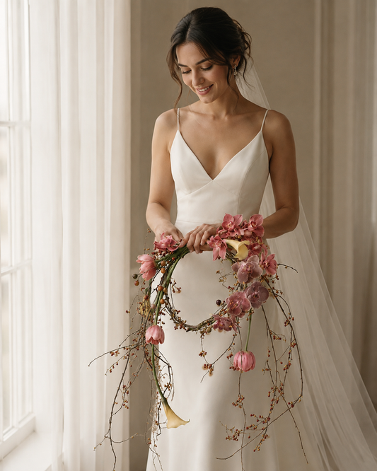 Bride by a sunlit window holding the Autumn Halo bridal wreath bouquet, hands gripping the top of the branch wreath, with cymbidium orchids, phalaenopsis orchids, tulips and a calla lily.