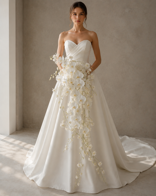 Phalaenopsis Waterfall cascading white orchid bridal bouquet, studio hero front shot