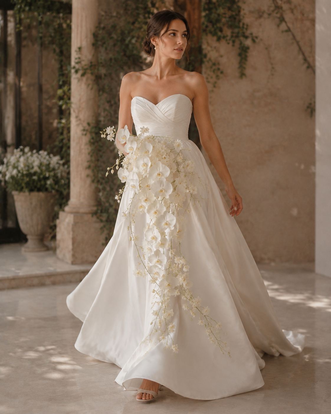 Bride walking outdoors holding Phalaenopsis Waterfall cascading white orchid bridal bouquet, editorial lifestyle shot