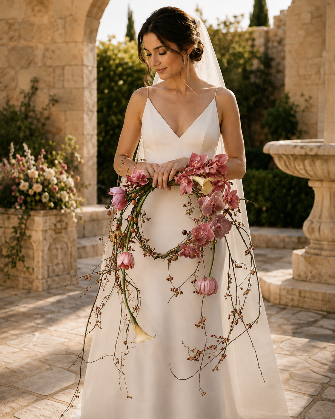 Bride in a sunlit stone archway holding the Autumn Halo bridal wreath bouquet with both hands on the branch frame.