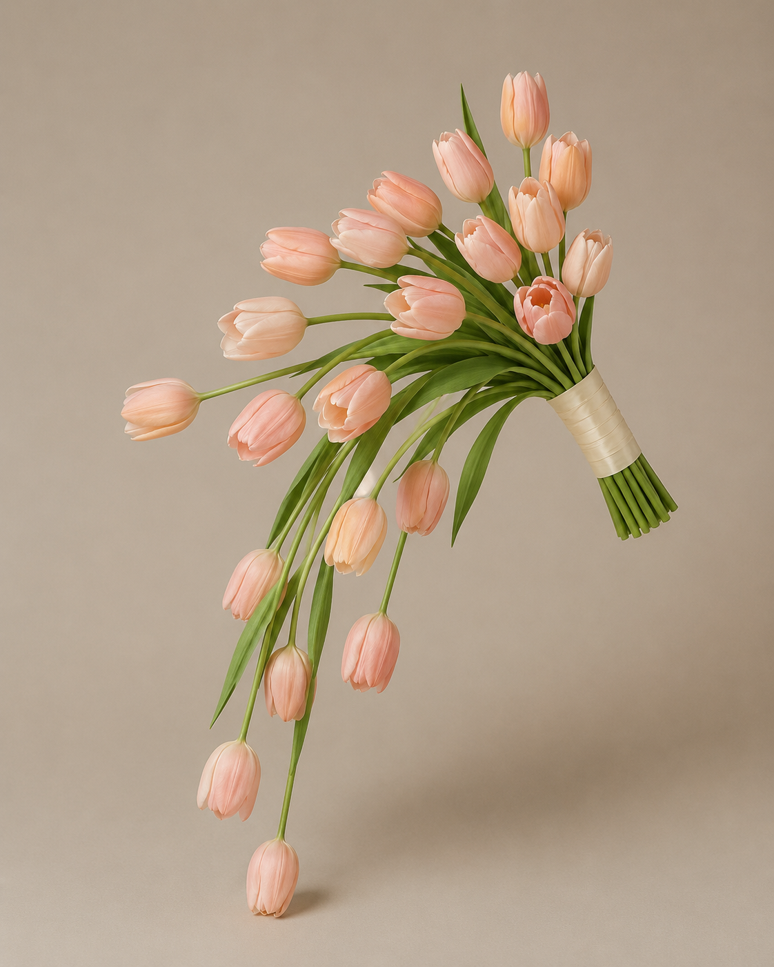 Tulip Cascade trailing peach tulip bridal bouquet, standalone product shot floating on neutral background