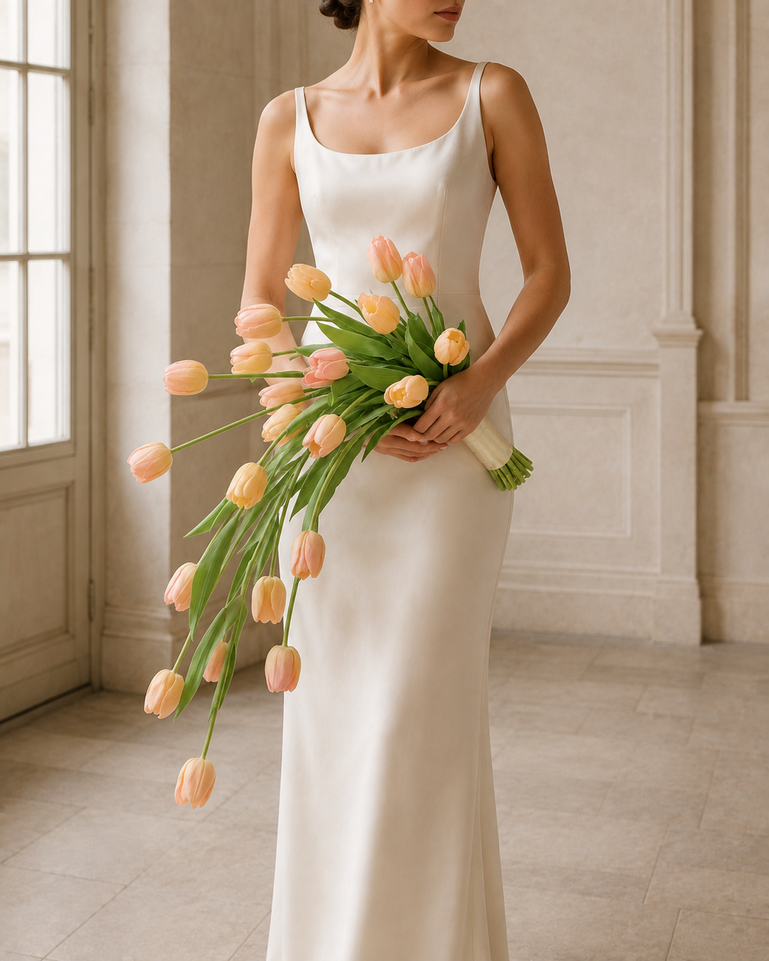 Tulip Cascade trailing peach tulip bridal bouquet, close crop on bride's gown and bouquet
