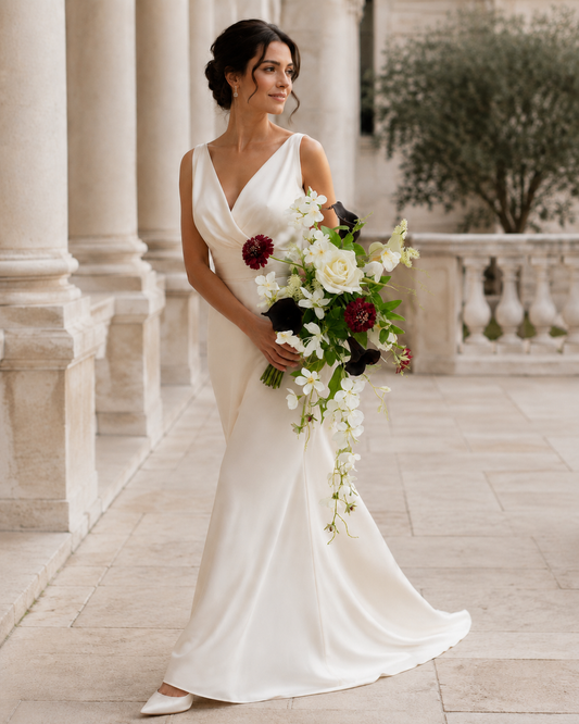Bride in a sleeveless ivory wedding gown walking through a stone colonnade, holding the Ivory Noir bouquet with ivory garden rose, plum calla lily and burgundy scabiosa