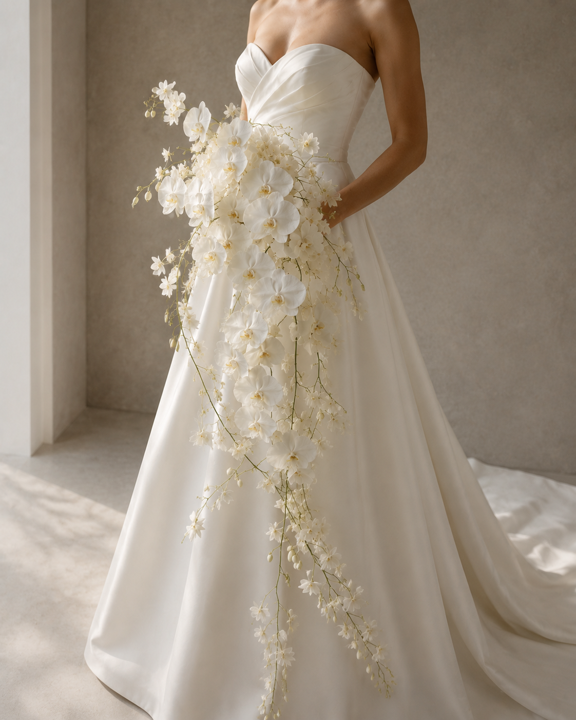 Phalaenopsis Waterfall cascading white orchid bridal bouquet, close crop on bodice and cascade