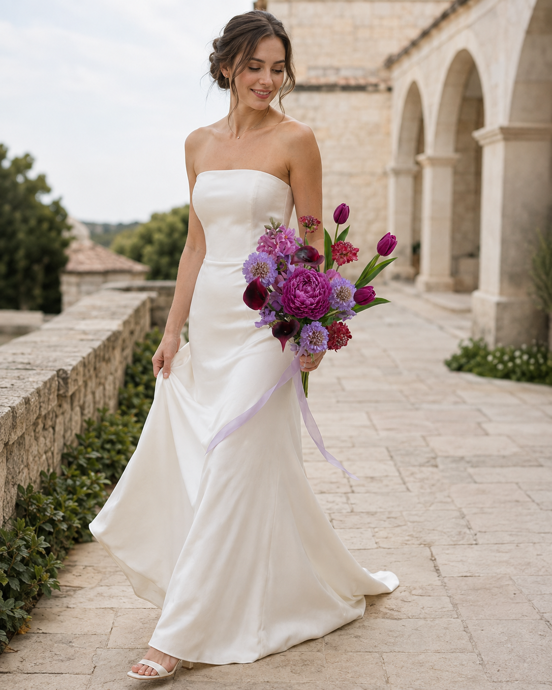 Bride walking outdoors in a fitted satin wedding gown, holding the Jewel Peony Posy bouquet with trailing lavender ribbon