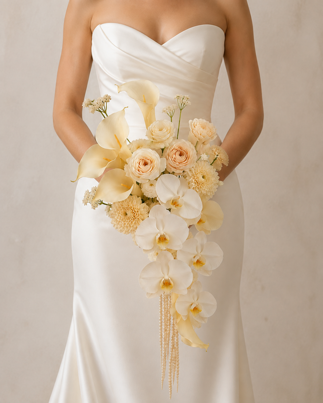 Luxury White Orchid Cascade bridal bouquet in ivory, champagne, and blush tones with calla lily, garden rose, dahlia, and phalaenopsis orchid