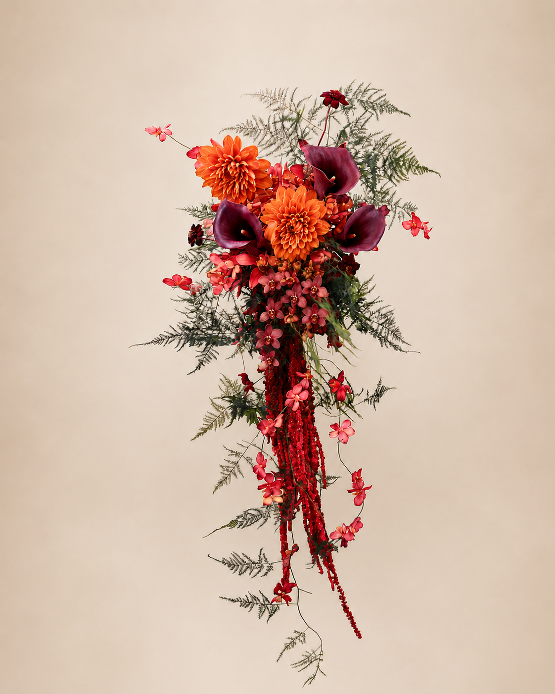 Ember Cascade cascading bridal bouquet — full view in burnt orange and burgundy on ivory background
