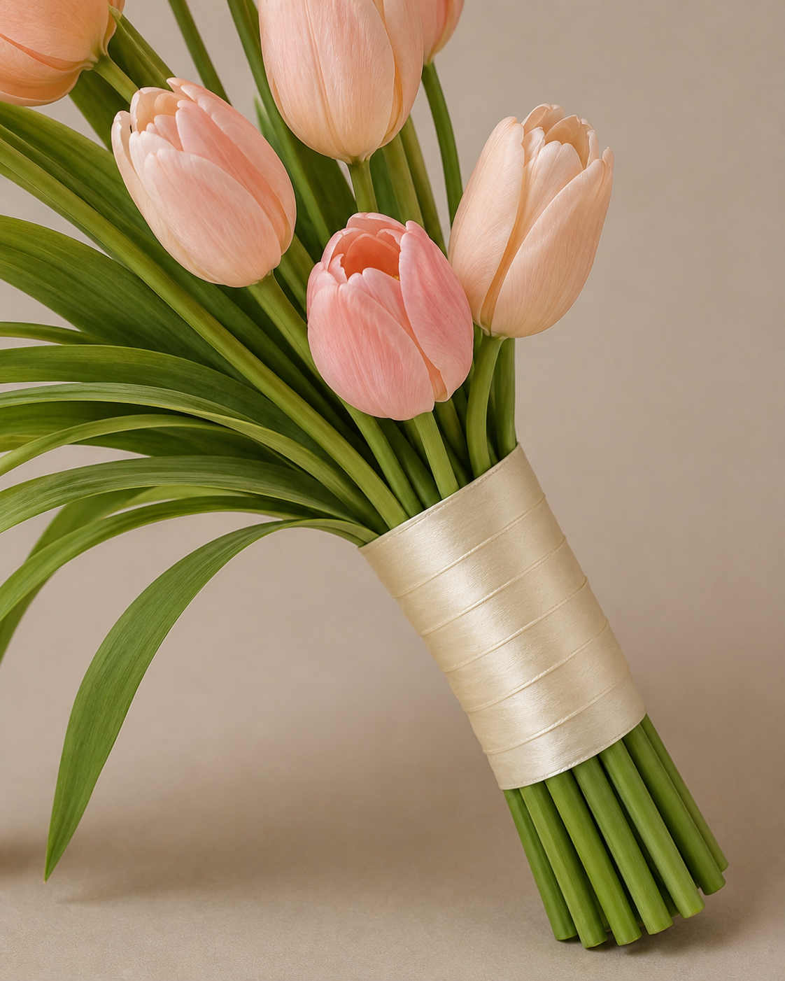 Close-up detail of peach tulip petals and ribbon-wrapped stems, texture detail