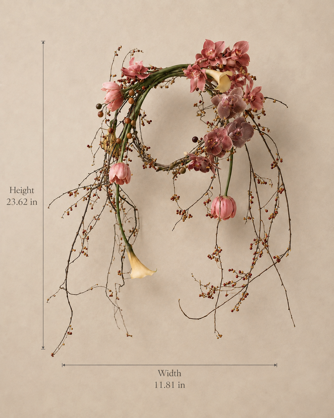 Autumn Halo bridal wreath bouquet size guide showing 23.62-inch height and 11.81-inch width.