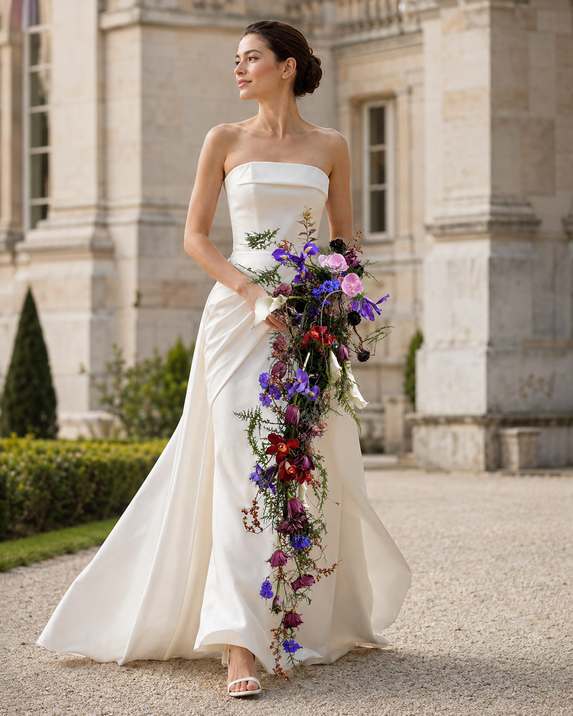 Bride walking outdoors holding Botanical Couture iris and orchid cascade bridal bouquet, chateau lifestyle shot