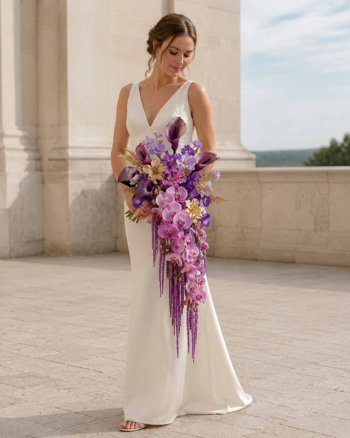 Bride holding the Gilded Amethyst bridal bouquet close to her chest, showing scale and detail