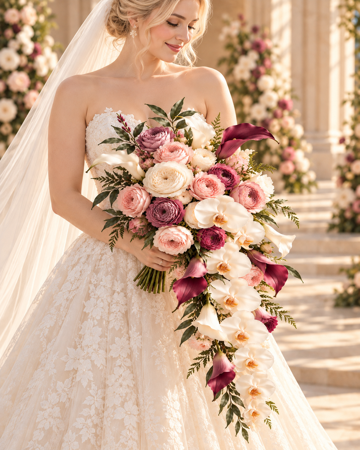 Bride in a strapless lace gown and veil holding the Blush Merlot cascade bridal bouquet with blush and burgundy ranunculus, white orchid, and burgundy and white calla lily.