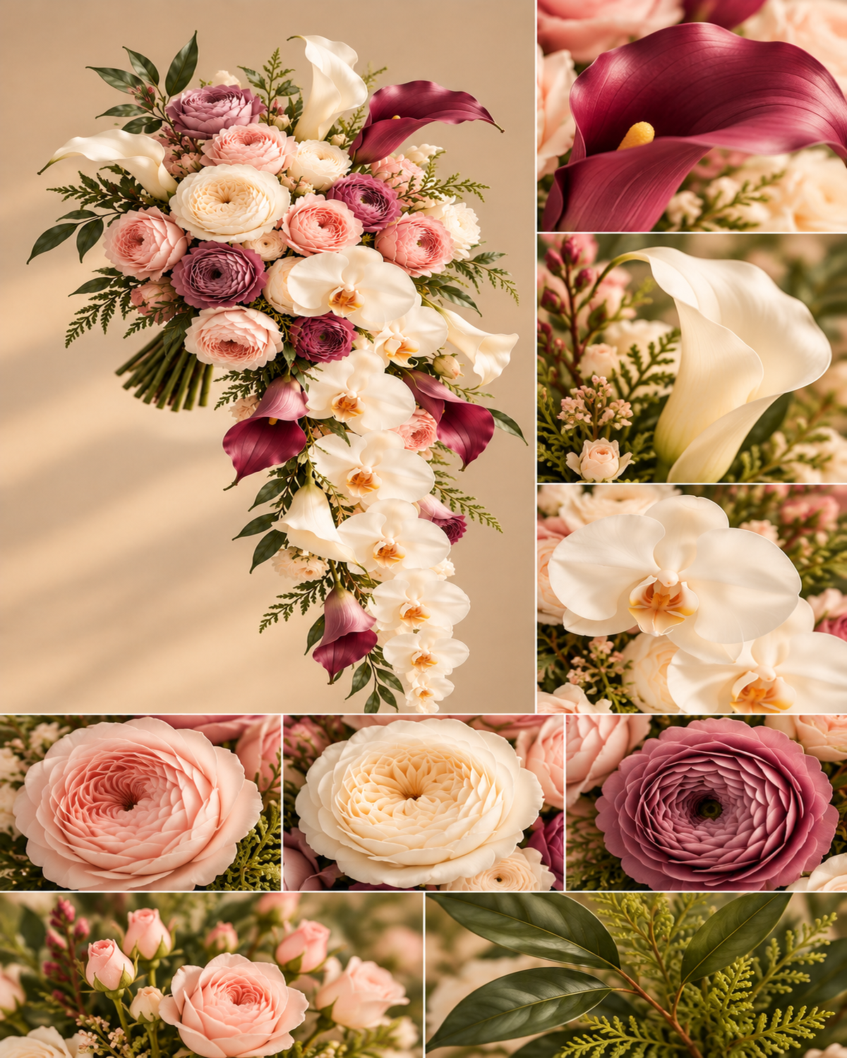 Collage of the Blush Merlot cascade bridal bouquet with close-ups of burgundy and white calla lily, white orchid, blush, cream and mauve ranunculus, garden rose, and fern and leaf foliage.