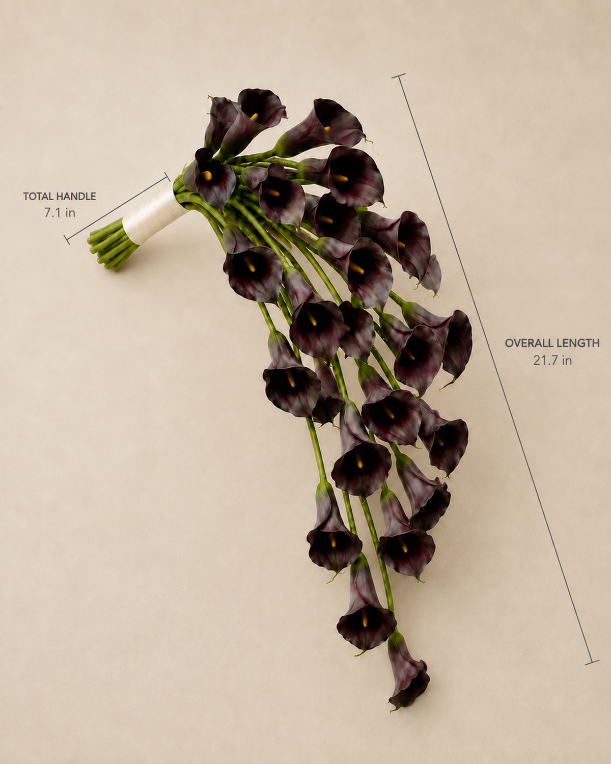 Noir Calla bouquet size guide, total handle 7.1in, overall length 21.7in