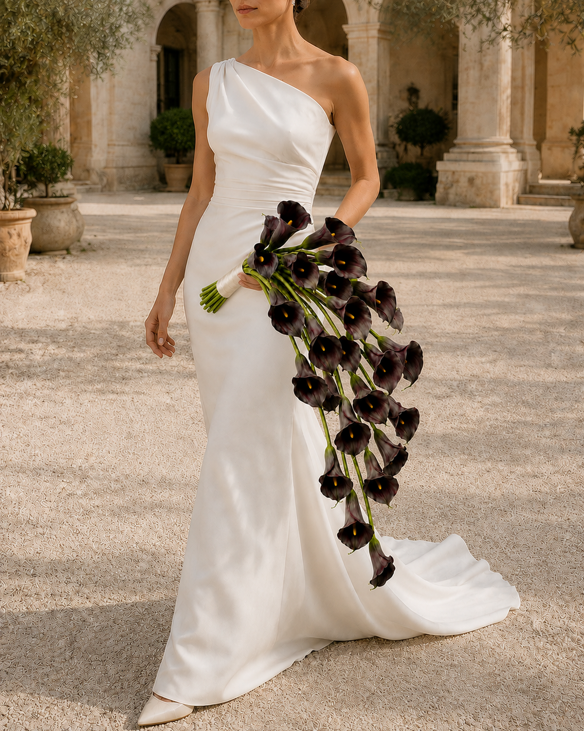 Bride walking outdoors holding Noir Calla black calla lily bridal bouquet, editorial lifestyle shot
