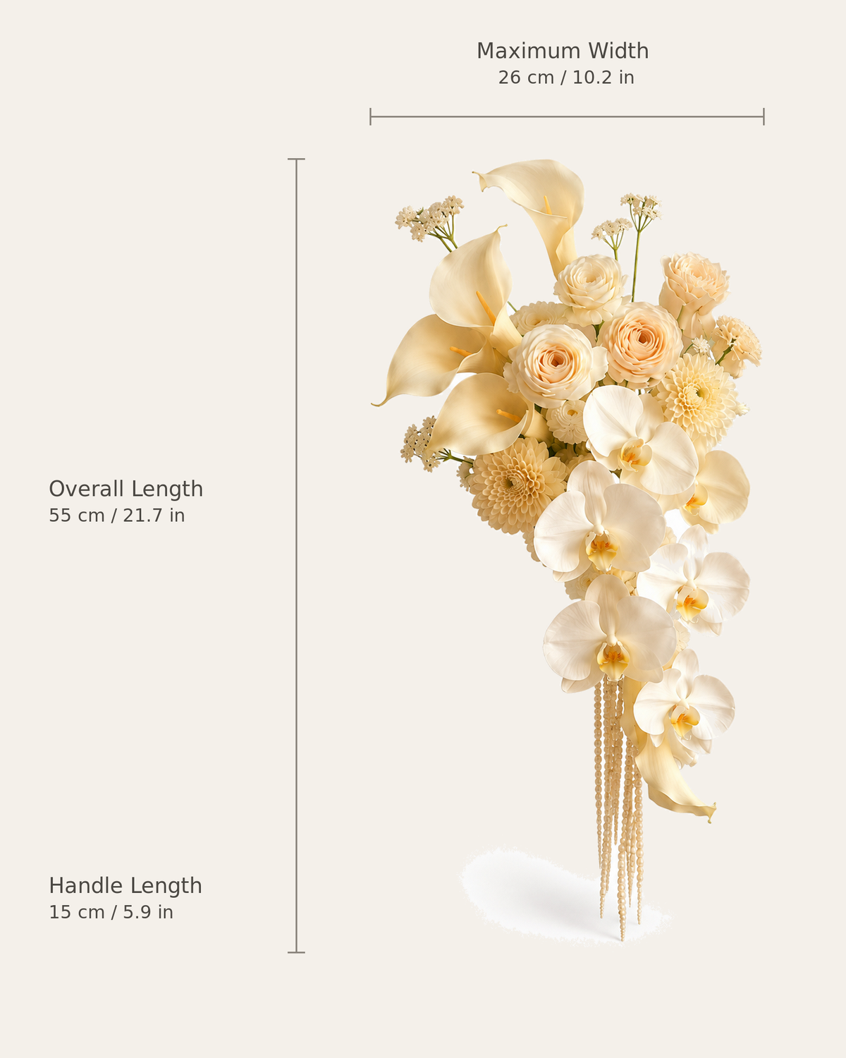 Luxury White Orchid Cascade bridal bouquet dimension and size guide — overall length, width, and handle length