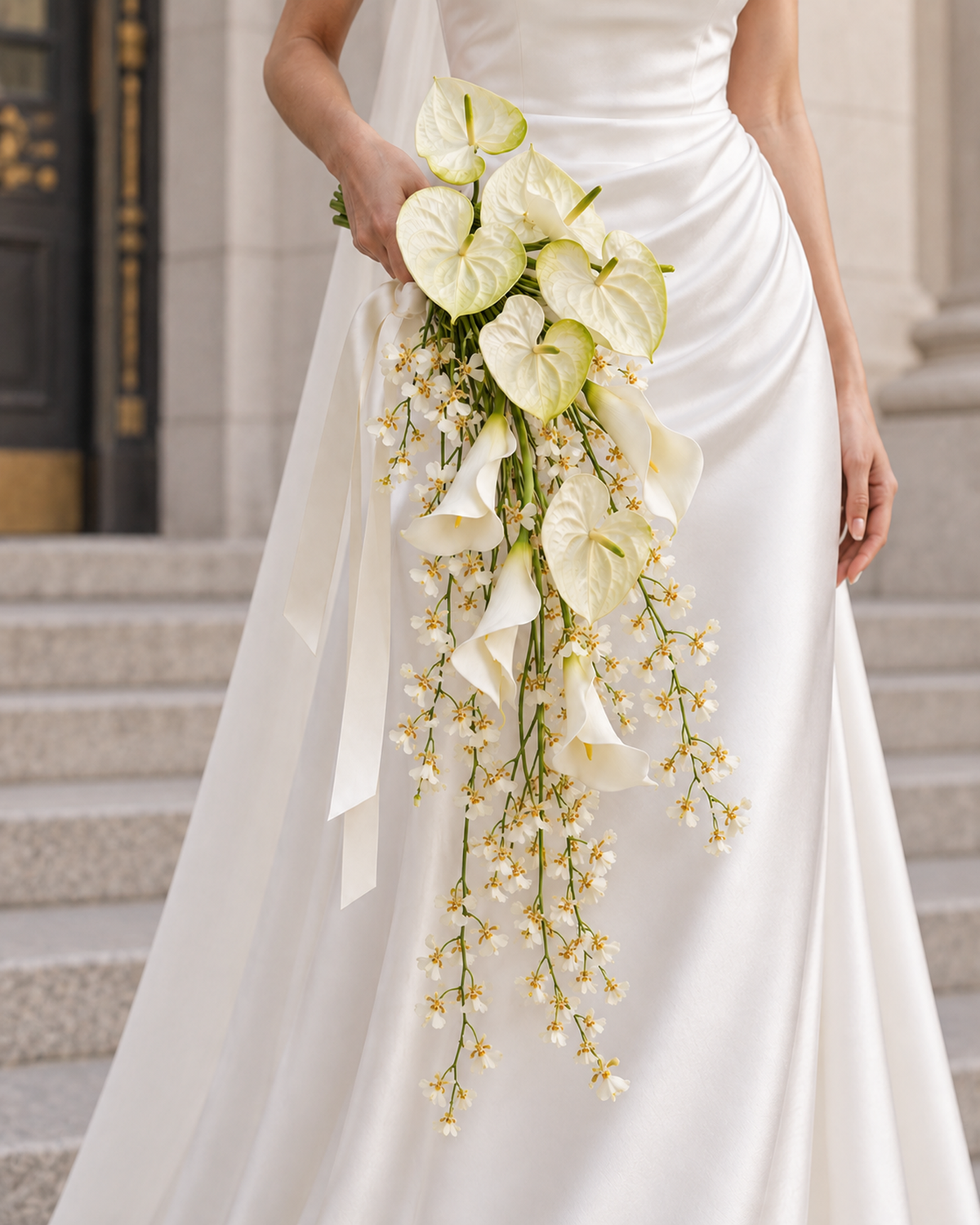 Bride holding the White Oncidium Cascade bridal bouquet with white anthurium, calla lily and trailing Oncidium orchid, tied with an ivory ribbon.